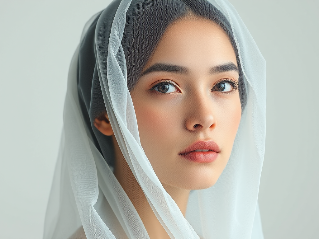 Create a hyper-realistic portrait of a young woman with a translucent veil wrapped around her head, soft lighting, high resolution, using a Canon EOS R5 with a 50mm f/1.2 lens, ISO 100, aperture f/2.8, and 1/200 sec shutter speed, in a studio setting with a plain backdrop.