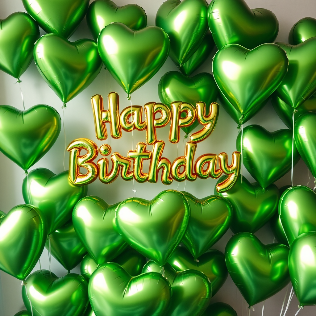 Create an image of a festive birthday scene filled with shiny green heart-shaped balloons in various sizes, with the text "Happy Birthday" artistically displayed in a playful font, using a DSLR camera with a 50mm lens, aperture set to f/1.8 for a shallow depth of field, shot from a slightly elevated angle, with soft natural lighting to enhance vibrancy and reduce shadows.