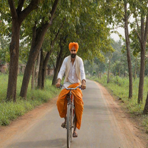 a man wearing an orange turban and orange dhoti riding a bicycle down a rural road with trees and houses in the background