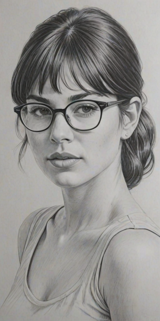 Captivating Amelia Warner, pencil sketch, portrait of Alluring woman 1969s in glasses, hair style beatnik, outline, clear lines, fine lines, 8k