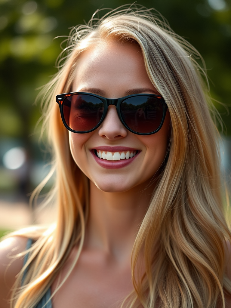 portrait of a smiling woman with long blonde hair and sunglasses, taken with a Canon EOS 5D Mark IV, 85mm lens, aperture f/1.8, natural light, shallow depth of field, soft bokeh background, medium close-up shot