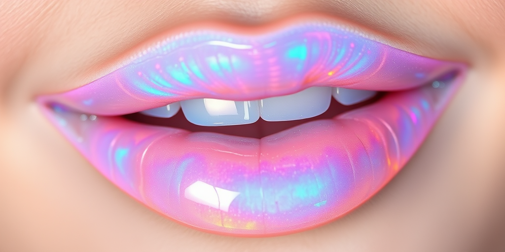Iridescent opal lip gloss with color-shifting pigments, named "Moonstone Magic," providing a mesmerizing prismatic effect and plumping properties, suited for ethereal makeup looks