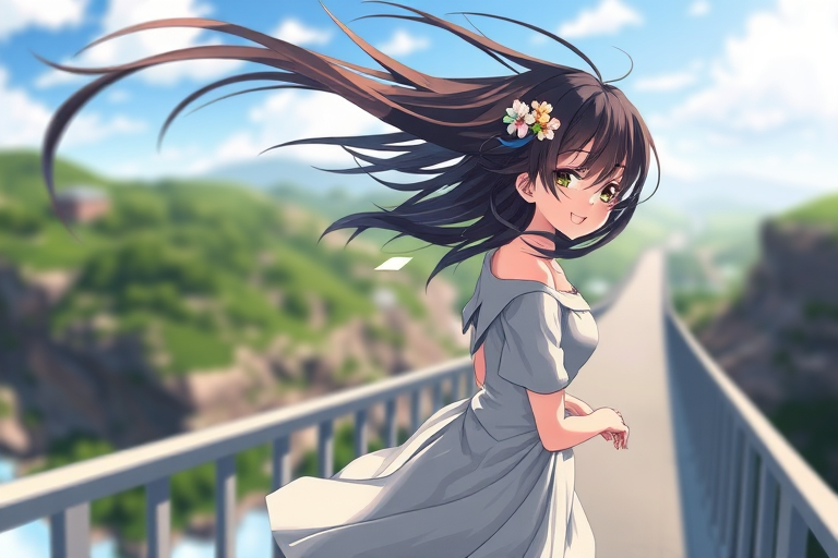 day, natural lighting, windy, female focus, black hair, floating hair, dress, smiling, 1girl, CandiBRIDGE, railing, from below, scenery, intricately detailed illustration, depth of field, atmospheric perspective, realistic shading