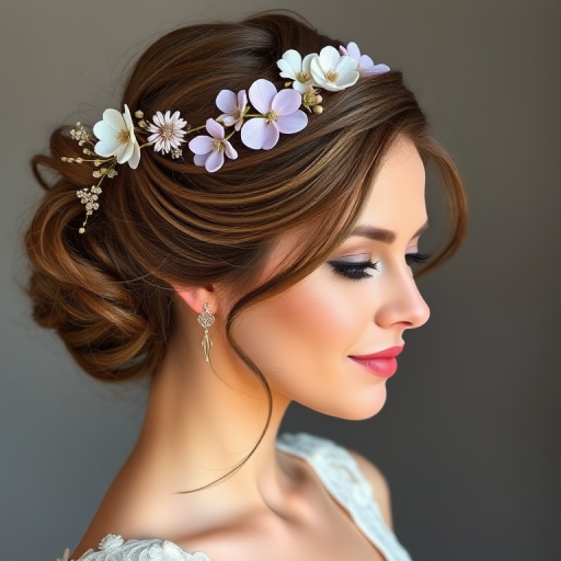Graceful woman sporting a romantic updo with soft tendrils framing her face, adorned with delicate floral accessories and a subtle lavender tint