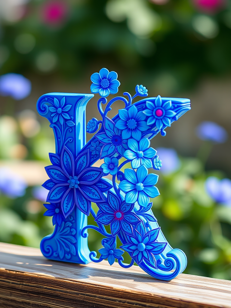 Create a vibrant and intricately designed letter K with floral patterns in shades of blue, using a shallow depth of field at f/2.8, 50mm lens, shot in soft natural light, from a slightly elevated angle in a digital format.