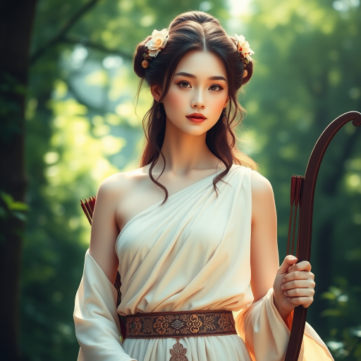 Create a portrait of a goddess-like Chinese girl figure in a tranquil, forested environment. She has an elegant appearance with long, wavy hair styled in an updo and adorned with a delicate, floral headband. She wears a flowing, ancient Greek-inspired gown in a soft, pale color, featuring a one-shoulder design and draped fabric that accentuates her graceful form. The outfit includes a decorative belt with ornate gold detailing, and she holds a bow in her hand, with a quiver of arrows slung over her shoulder. The background depicts lush greenery, with sunlight filtering through the trees, casting a gentle, ethereal light on the scene. Her expression is calm and contemplative, embodying a sense of wisdom and serenity.