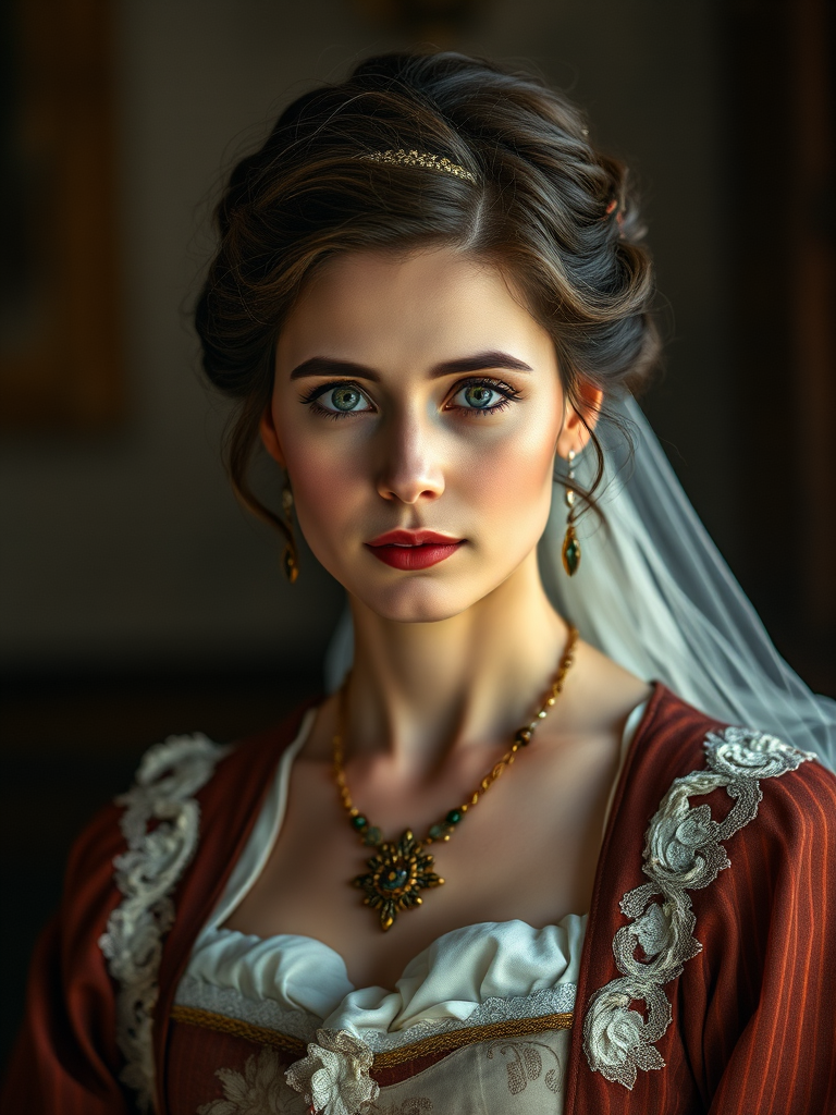 portrait of an elegant woman in historical attire, soft lighting, detailed textures, warm color palette, aperture f/1.8, shutter speed 1/60s, ISO 100, 85mm lens, shot from a slightly low angle, soft focus background, classic painting style