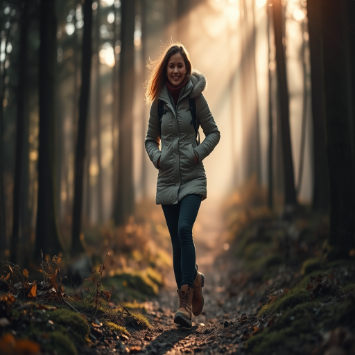 Soft-focus image of a woman hiking through a forest, wearing a cozy jacket and sturdy boots, with soft beams of light filtering through the trees creating a magical atmosphere.