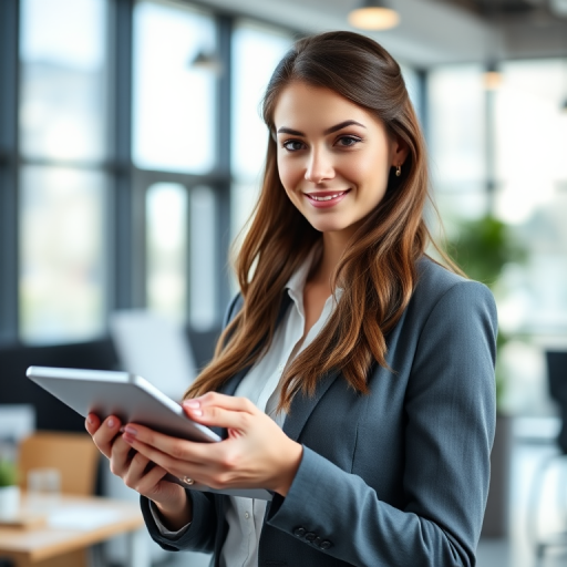 professional woman in a modern office setting holding a tablet, natural light, shallow depth of field, aperture f/2.8, 50mm lens, ISO 200, focused on subject, soft bokeh background, high resolution, close-up view, camera type DSLR