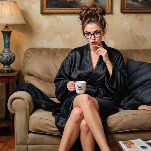 The words ‘Professional Overthinker’ (exact spelling) An exaggerated whimsical illustration of a cute silly lady with unruly messy brown bun and black glasses pouty lips and a thinking expression. Shes sitting on the couch, legs folded wearing a black silk robe, black fuzzy slippers. She’s holding her coffee cup and making a deep-in-thought face.  A quirky scruffy cat (dog) looking at her against a mottled, oil painting style soft background living room setting.
