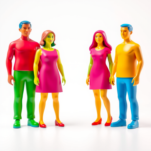 Create a vibrant 3D rendering of four stylized human figures in bright colors representing a family, with a white background, using a Canon EOS R5, 50mm lens, f/2.8, ISO 100, and a slight 45-degree angle for depth perception.