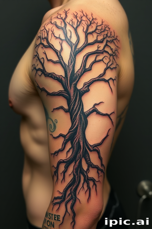 Surrealist tattoo blending elements of nature and human anatomy, showcasing a tree with branches morphing into veins and arteries, called "Organic Fusion"