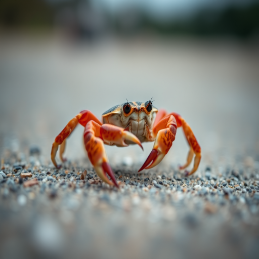 macro photograph of a crab walking on a flat surface with a shallow depth of field, aperture f/2.8, shutter speed 1/200s, ISO 100, taken with a DSLR camera from a low angle to emphasize details in the foreground and soft background blur