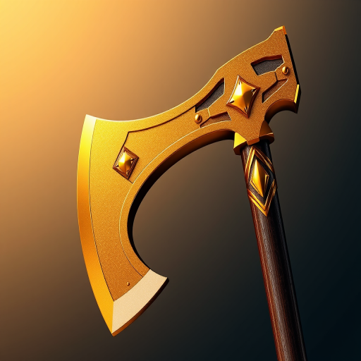 Create a high-resolution digital illustration of a golden axe with a shiny finish, set against a gradient background, using a Canon EOS 5D Mark IV, f/2.8 aperture, ISO 100, 50mm lens, in a macro style to capture details and reflections.