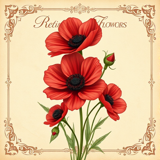 Create a vintage floral illustration featuring red anemone flowers on a textured beige background with ornate borders, captured with a DSLR camera, 50mm lens, aperture f/2.8, soft natural lighting, high dynamic range.
