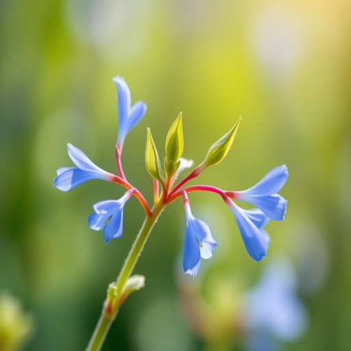 Create a high-resolution digital illustration of a simple blue plant stem with leaves, using a 50mm lens, f/8 aperture, 1/200s shutter speed, and vibrant colors in a soft natural lighting setting.