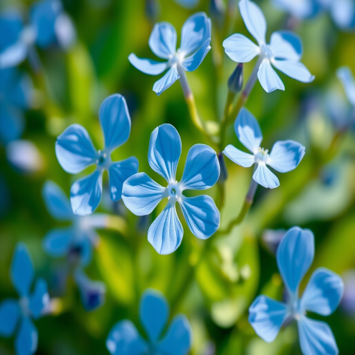 Regenerate a high-quality botanical illustration of blue flowers with delicate petals and green leaves, using a macro lens, f-stop of 2.8, ISO 100, 50mm focal length, soft natural lighting, and a shallow depth of field to enhance detail and vibrancy.