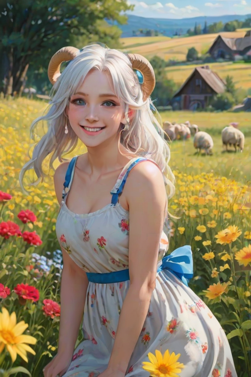 masterpiece, best quality, 1girl, white hair, long hair, messy hair, ribbon, outdoors, sheep horns, blue eyes, yellow sundress, flowers, colorful flowers, red flowers, blue flowers, field, from behind, looking back, smile, blush, closed mouth, mature female,