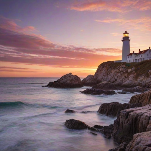 Generate an image of a tall lighthouse perched on a rocky outcrop surrounded by calm ocean waters during a breathtaking sunset. The lighthouse stands sturdy and weathered, its stone surface illuminated by the warm golden light of the setting sun. The sun's rays pass directly through the glass lantern room at the top of the lighthouse, casting a brilliant light across the scene. The sky is painted with vibrant shades of orange, pink, and purple, reflecting off the tranquil sea. The surrounding water shimmers with the same warm hues, creating a serene and majestic atmosphere.