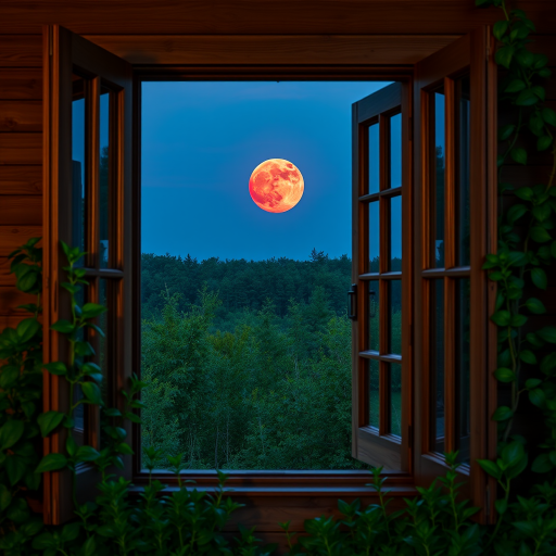 Create a high-resolution image of an open wooden window framed by greenery at dusk, with a large red moon visible in the background, shot with a DSLR camera at f/2.8, ISO 200, shutter speed 1/60s, using a wide-angle lens in landscape orientation for enhanced depth and detail.