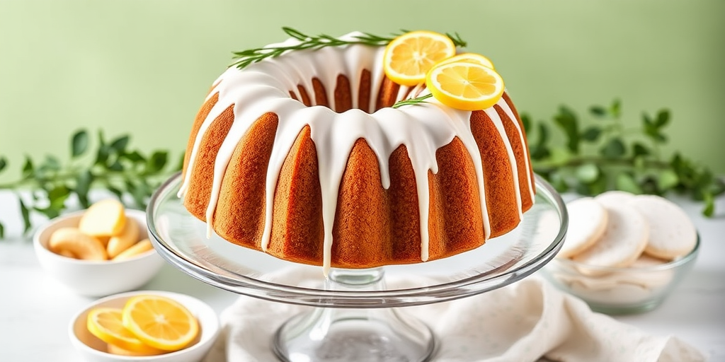 A beautifully decorated bundt cake with a smooth white glaze dripping down the sides topped with bright yellow citrus slices and green sprigs, displayed on a clear glass cake stand, accompanied by a bowl of powdered sugar cookies and a light patterned cloth, with a soft green background and greenery in the background.