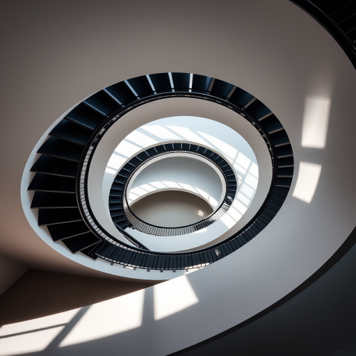 interior scene of a modern spiral staircase with sleek black and white design, soft ambient lighting casting shadows, high dynamic range, tilt-shift lens, focal length 35mm, aperture f/8, ISO 100, DSLR camera, wide-angle view