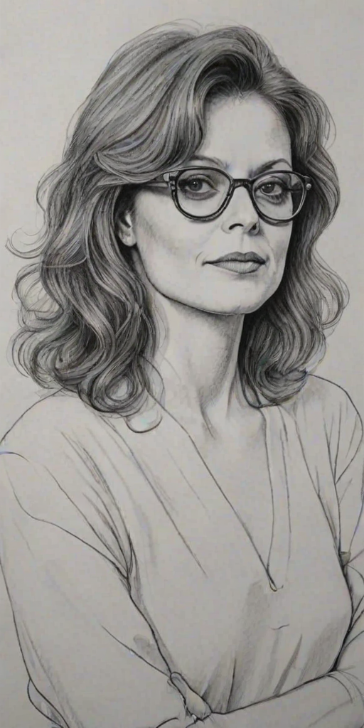 Ravishing Susan Sarandon, pencil sketch, portrait of Superb woman 1970s in glasses, hair style beatnik, outline, clear lines, fine lines, 8k