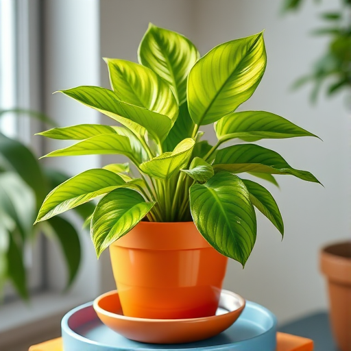 Create a highly detailed digital illustration of a vibrant green potted plant with large, glossy leaves in an orange pot on a blue saucer, captured with a 50mm lens at f/2.8, in soft natural light, with a slight depth of field to enhance focus on the plant while softly blurring the background.