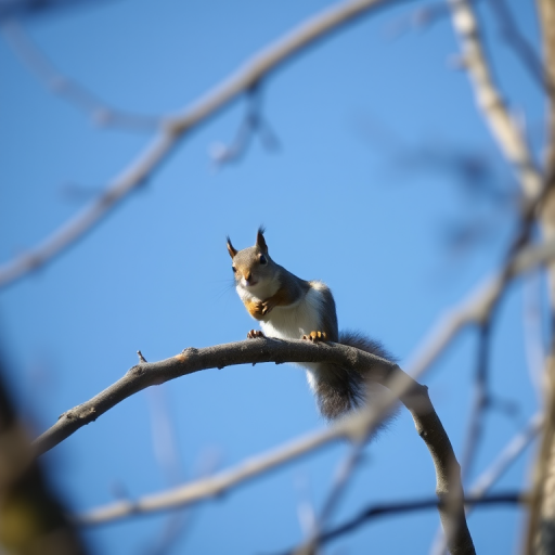 squirrel perched on a tree branch against a blue sky, shallow depth of field, natural light, 200mm lens, aperture f/4, ISO 400, shot from a slight low angle to capture detail and perspective