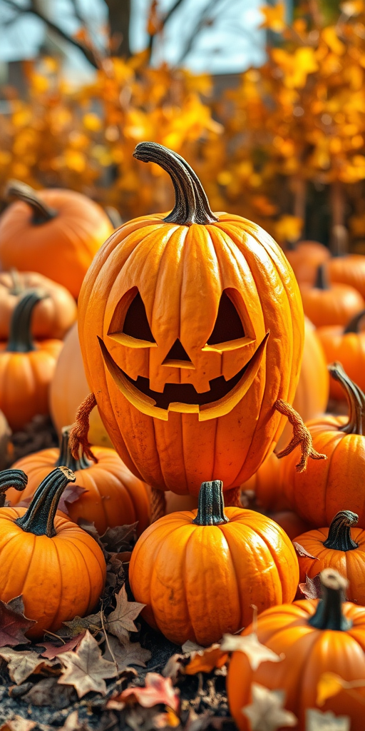 Create a vibrant Halloween scene featuring a whimsical pumpkin character with a carved face standing among various pumpkins and autumn leaves, captured with a Canon EOS R5, 50mm lens, aperture f/2.8, ISO 100, in bright daylight for enhanced color saturation and clarity.