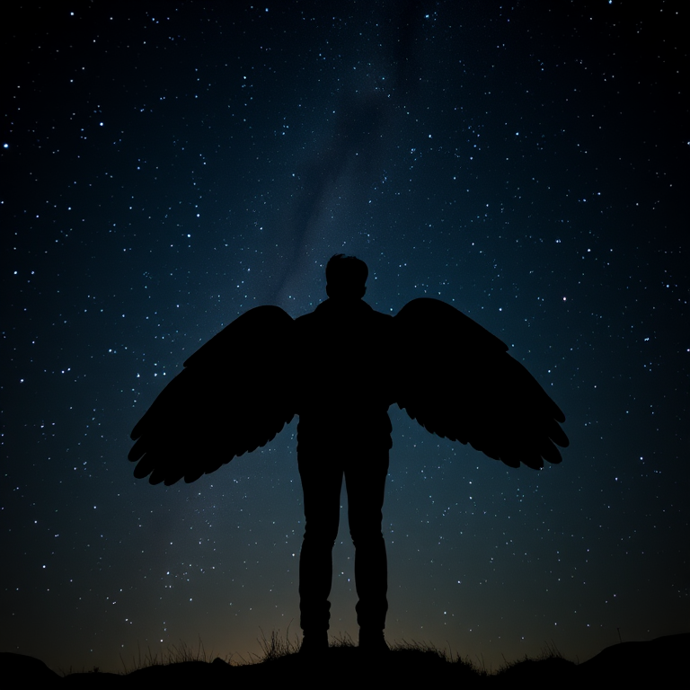 Create an image of a silhouette of a person with large wings against a starry night sky, using a Canon EOS 5D Mark IV with a 50mm lens, aperture f/1.8, ISO 200, 1/200s shutter speed, low angle view, and cinematic style to enhance image quality.