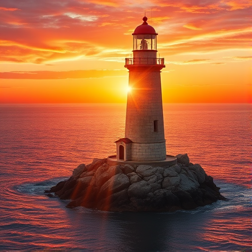 Generate an image of a tall lighthouse perched on a rocky outcrop surrounded by calm ocean waters during a breathtaking sunset. The lighthouse stands sturdy and weathered, its stone surface illuminated by the warm golden light of the setting sun. The sun's rays pass directly through the glass lantern room at the top of the lighthouse, casting a brilliant light across the scene. The sky is painted with vibrant shades of orange, pink, and purple, reflecting off the tranquil sea. The surrounding water shimmers with the same warm hues, creating a serene and majestic atmosphere.