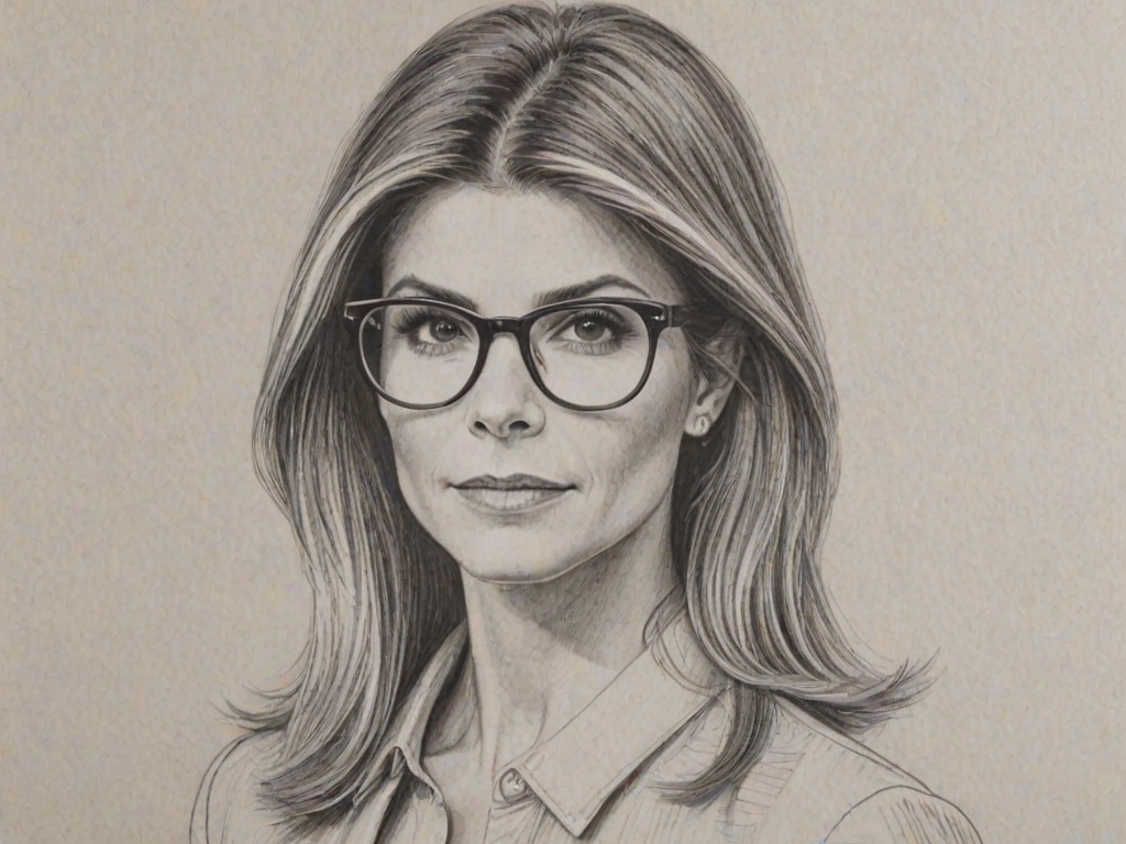 Beauteous Lori Loughlin, pencil sketch, portrait of Elegant woman 1977s in glasses, hair style beatnik, outline, clear lines, fine lines, 8k