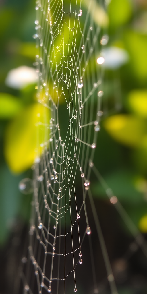 Sharp close-up of a dew-covered spiderweb glistening in the early morning light, with tiny droplets catching the soft sunlight, and blurred foliage in the background.