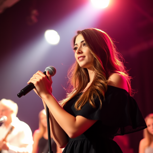 A young woman with long, flowing brown hair is standing in the center of the frame, holding a microphone in her right hand, and looking slightly off to the right side of the frame. She is wearing a black, off-the-shoulder dress with delicate lace detailing. The lighting is warm and dramatic, creating a spotlight effect on the singer. There are other figures in the background, blurred and out of focus, suggesting a concert or performance setting. The camera angle is low, capturing the woman from the waist up. The overall atmosphere is intimate and captivating.