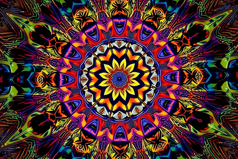 Generate an abstract geometric design featuring intricate patterns and vibrant colors, taken with a Canon EOS R5 at f/8, ISO 100, 24mm lens, using a top-down view perspective in high dynamic range.