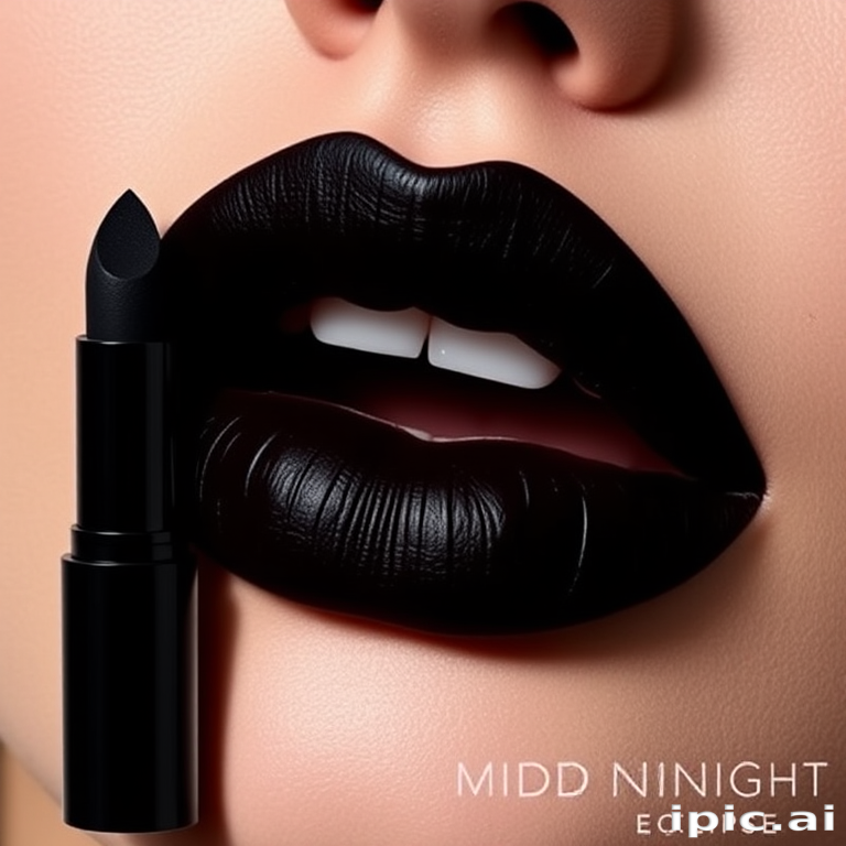 Edgy black "Midnight Eclipse" lipstick envelops full lips in intense, inky color with a satin finish, perfect for creating bold, statement-making looks