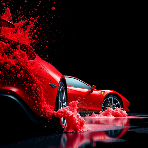 Capture a high-resolution image of a red sports car splashing paint against a black background, using a DSLR camera with a 50mm lens, aperture set at f/1.8, ISO 100, shutter speed 1/250s, in a low-angle view to emphasize the car's aggressive stance and vibrant colors.