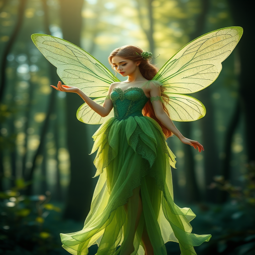 Create an image of a fairy with green dress and translucent wings, set against a dreamy forest background, use a Canon EOS R with a 50mm lens, aperture f/1.8, ISO 100, shutter speed 1/200, in high-resolution digital art style.