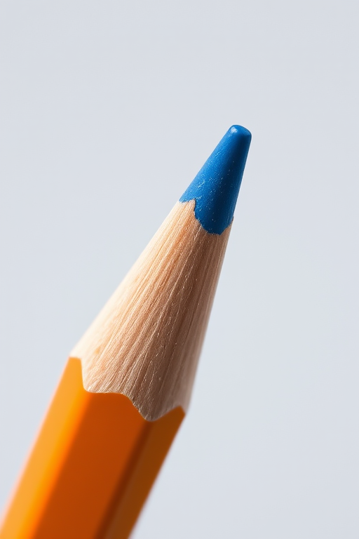Create a high-quality image of a stylized pencil with an orange body and blue eraser, shot with a Canon EOS R5 at f/2.8, ISO 100, with a shallow depth of field and a macro lens to capture fine details, in natural light.