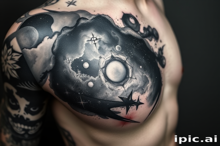 Cosmic black and gray realism tattoo, "Nebula Nocturne," showcasing a hyper-realistic depiction of deep space phenomena like nebulae, galaxies, and star clusters, using various shades of black and gray ink with white