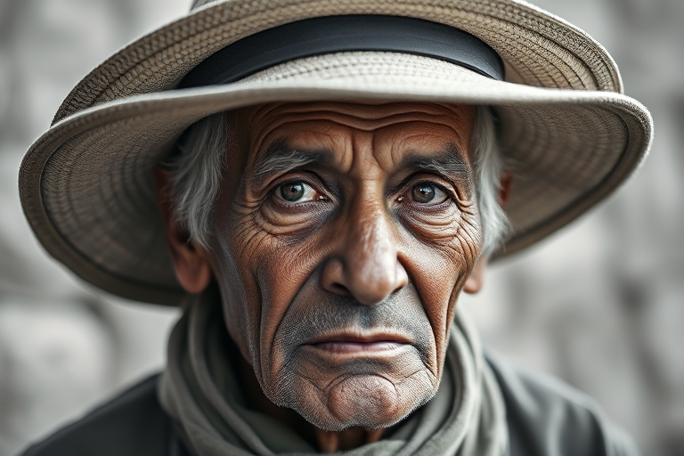 portrait of an elderly man wearing multiple hats, captured with a Canon EOS R5, 50mm lens, aperture f/1.8, shutter speed 1/200, ISO 100, natural light, shallow depth of field, focusing on facial details, monochrome style