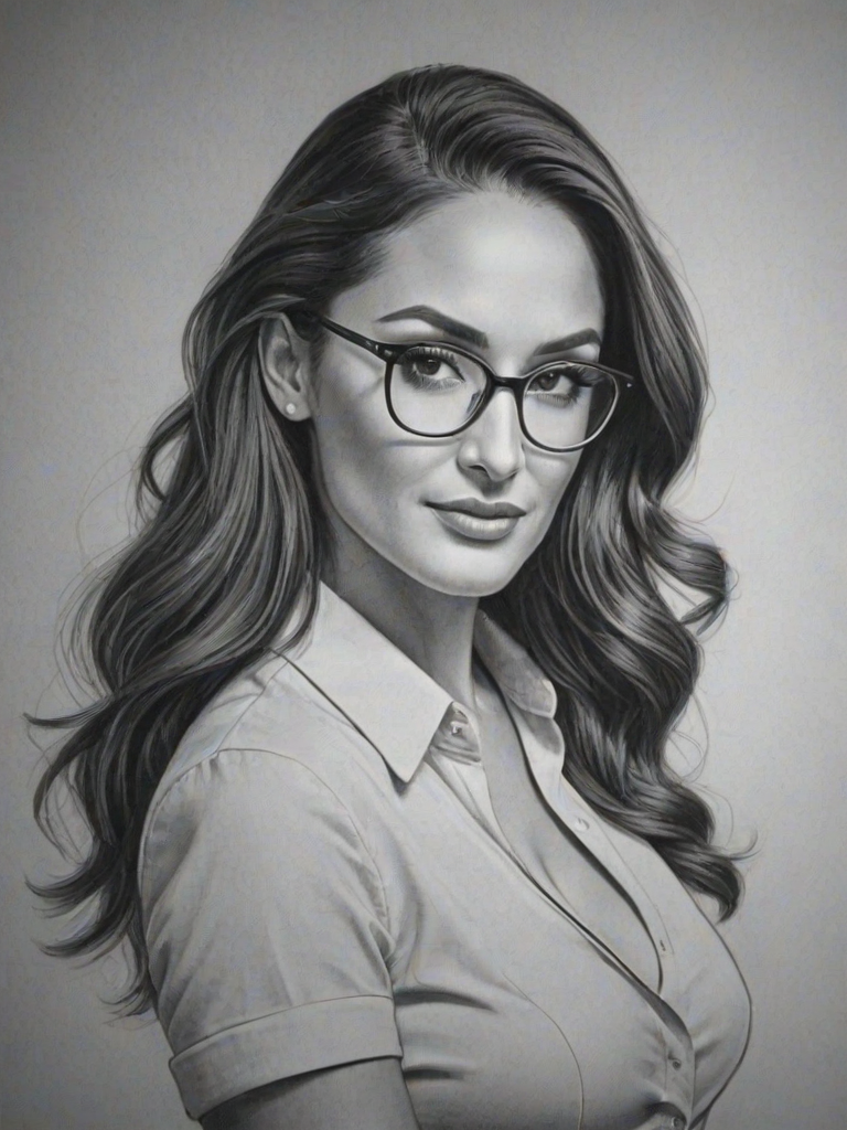 Stunning Nikki Bella, pencil sketch, portrait of Wonderful woman 1941s in glasses, hair style beatnik, outline, clear lines, fine lines, 8k
