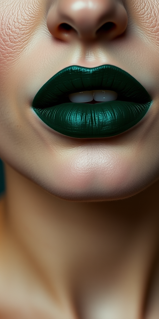 Bewitching woman lips painted in a deep forest green matte, unconventional and daring, precisely lined, challenging traditional beauty norms