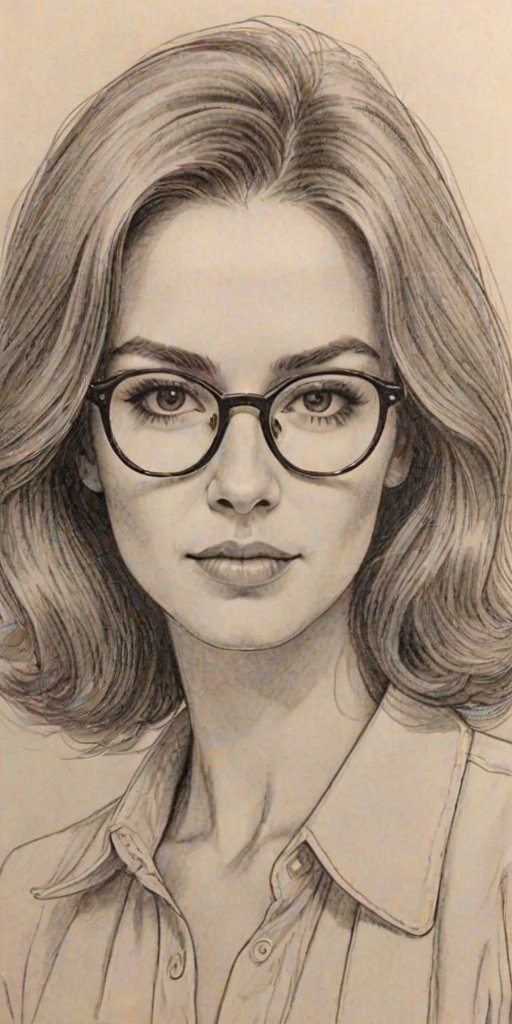 Radiant Kristina Anapau, pencil sketch, portrait of Captivating woman 1970s in glasses, hair style beatnik, outline, clear lines, fine lines, 8k