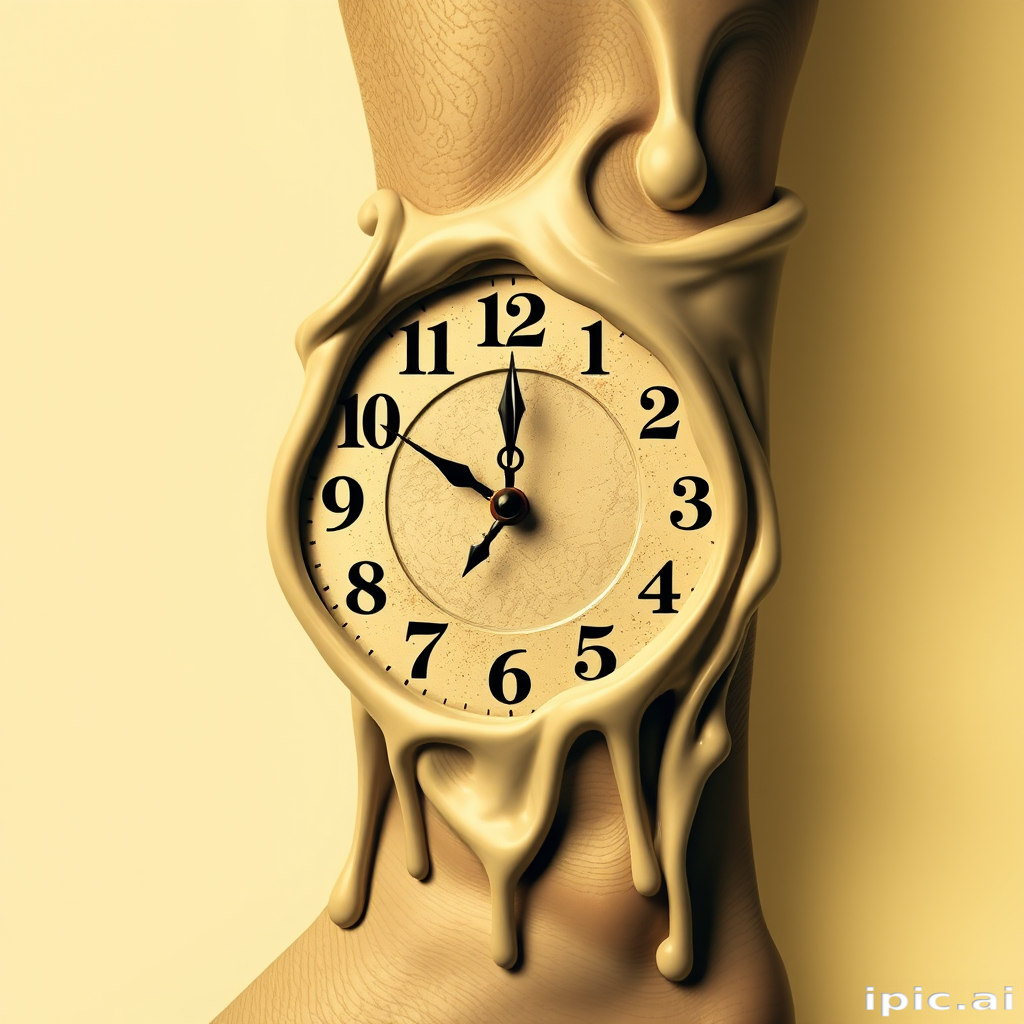 Surrealist melting clock design inspired by Salvador Dali, wrapping around calf muscle, distorted numbers and hands in muted sepia tones