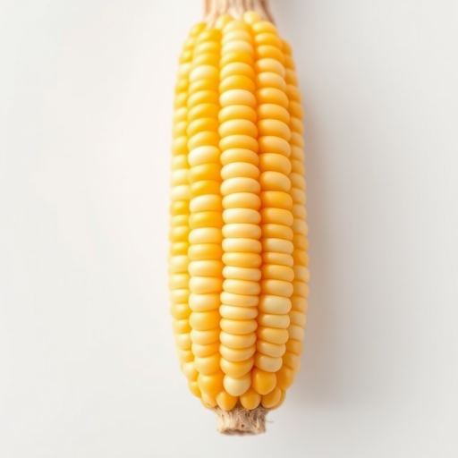Capture a fresh ear of corn on a white background with a macro lens, aperture set to f/2.8, ISO 100, shutter speed 1/200s, top-down view, DSLR camera for sharp details and vibrant colors.