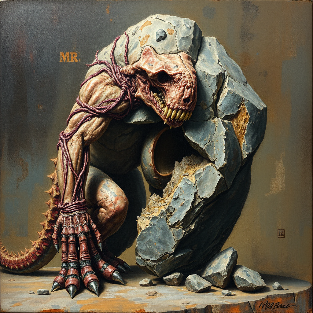 A detailed and anatomically presented mr stone-eater stands and bites into a huge boulder. surreal abstract art, grunge oil colors on canvas, textured background