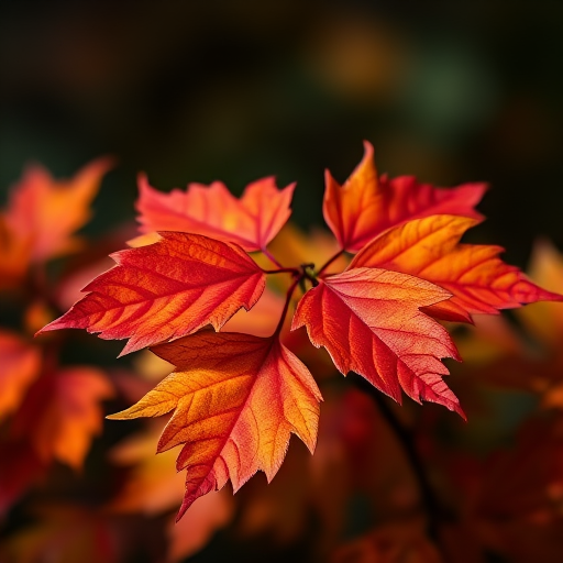 Capture a close-up of vibrant autumn leaves on a dark background with a shallow depth of field using a DSLR camera, 50mm lens, f/2.8 aperture, ISO 100, 1/200s shutter speed, natural lighting, high-resolution image.
