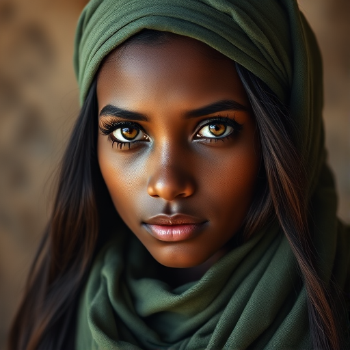 Create a portrait of a young Nubian woman with long, dark hair and captivating hazel eyes. She is wearing a green headscarf and a matching scarf draped gracefully around her neck. The background is softly blurred, focusing attention on her serene and natural expression. The overall color palette is muted and warm, enhancing the intimate and authentic feel of the portrait.